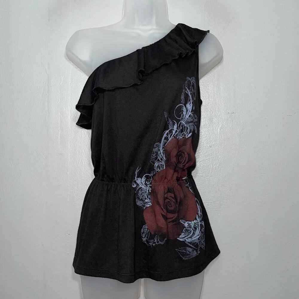 Y2K One Shoulder Peplum Top Size M Black Whimsigoth Roses Grunge Romantic Fairy